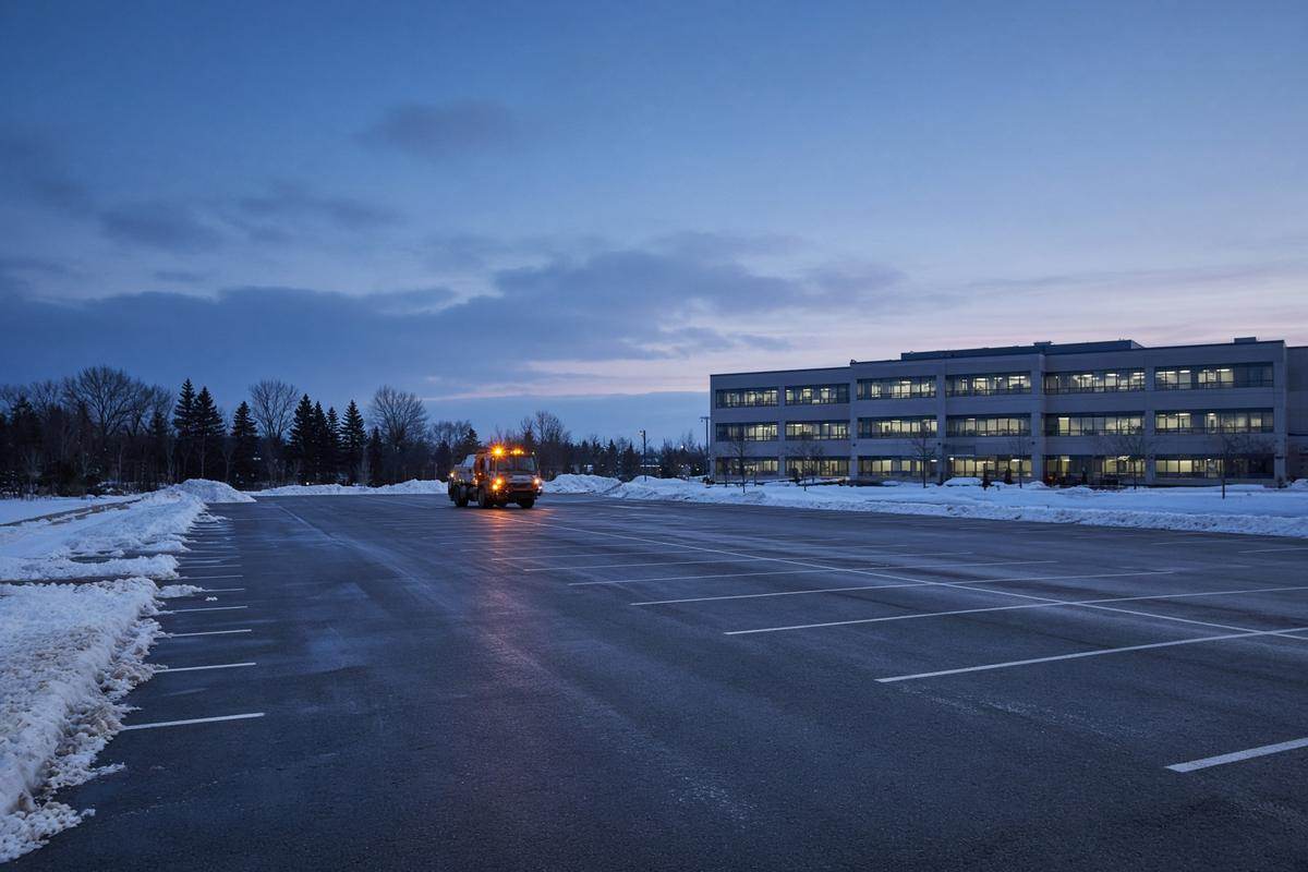 A plow crossing a marked office lot before the building opens.