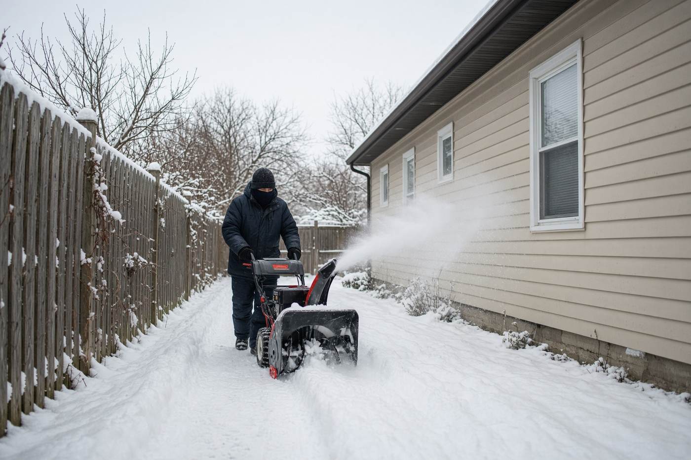 A blower opening a narrow path between a house and a fence.